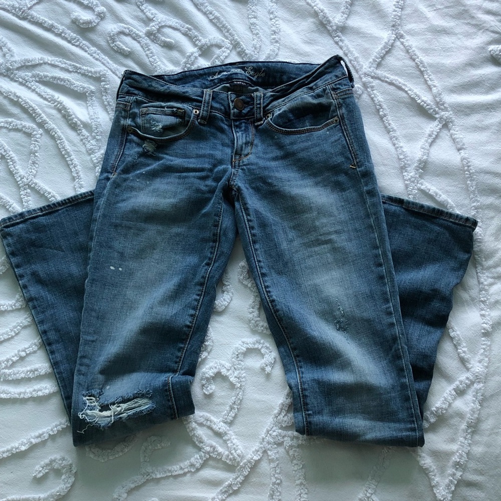 American eagle distressed baby boot blue jeans